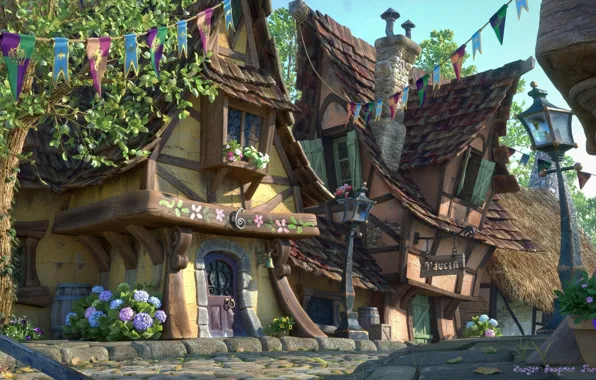 Картинка деревья, улица, дома, фонари, Fairytale Village