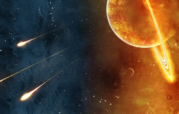 Картинка солнце, космос, тьма, огонь, 3 кометы