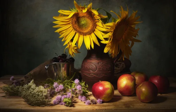 Подсолнухи, цветы, вишня, ягоды, темный фон, стол, яблоки, еда