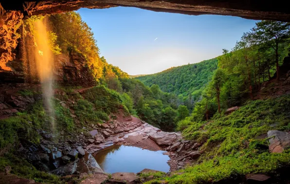 Пейзаж, горы, природа, камни, вид, водопад, красота, окно