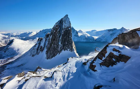Норвегия, пик, Norway, Снежные горы, Peak, Snow Mountains, Fjordgard, Lake Segla