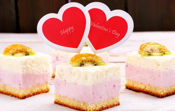 Сердце, пирожное, фрукты, cake, десерт, heart, сладкое, Valentine's Day
