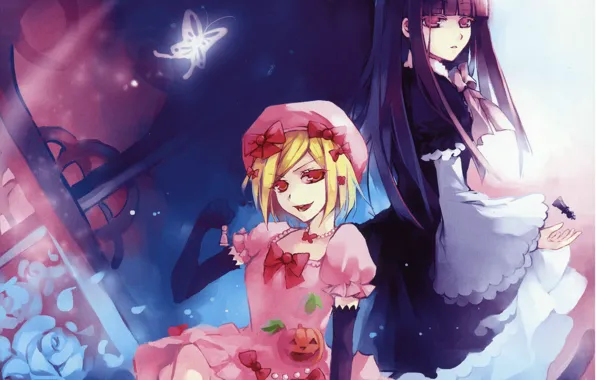 Бабочка, розы, шахматы, тыква, двое, бант, umineko no naku koro ni, когда плачут чайки
