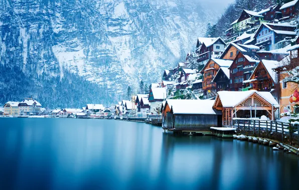 Картинка зима, снег, пейзаж, горы, озеро, дома, Австрия, Hallstatt