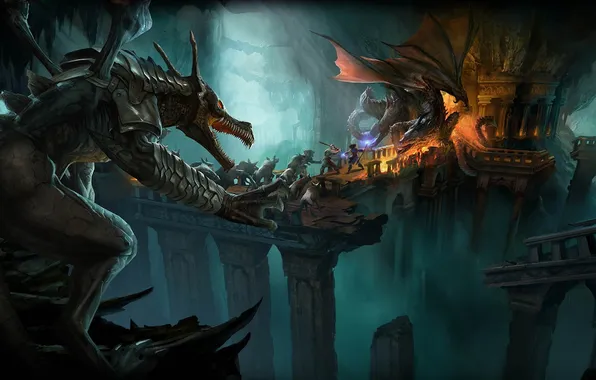 Картинка драконы, битва, подземелье, путники, Drakensang Online