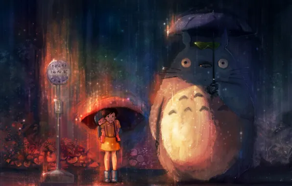 Дождь, зонт, Мой сосед Тоторо, totoro, anime, Satsuki Kusakabe, Mei Kusakabe, My Neighbor Totoro