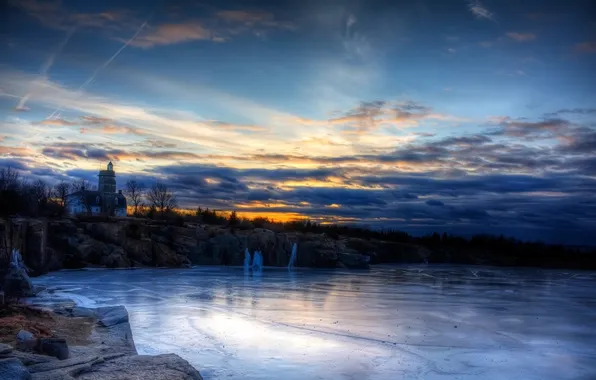 Картинка лед, зима, небо, деревья, закат, озеро