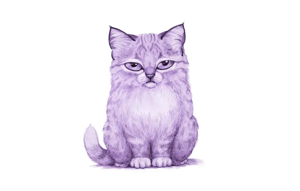 Кошка, фиолетовый, кот, живопись, рысь, светлый фон