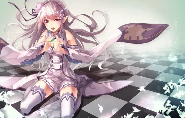 Кристалл, девушка, плитка, эльф, Emilia, Re: Zero kara Hajimeru Isekai Seikatsu