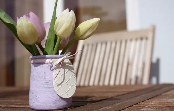 Картинка цветы, стол, букет, стул, тюльпаны, flower, wood