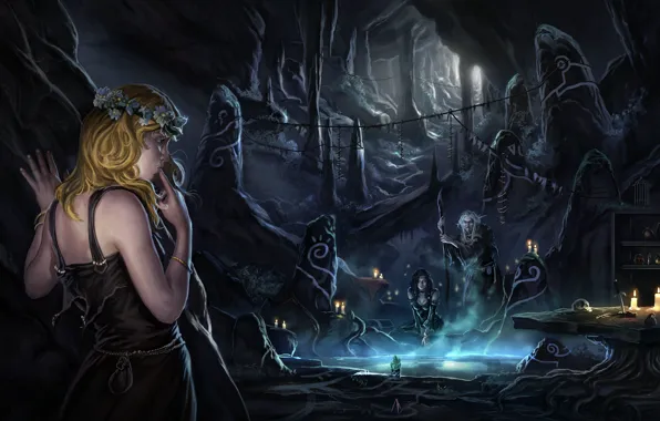 Water, cave, witches