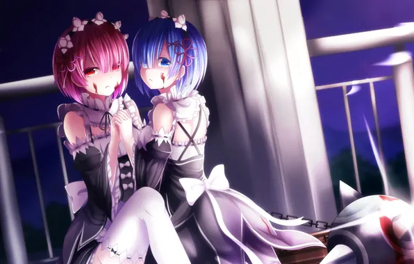 Оружие, девушки, кровь, демоны, anime, art, сёстры, близнецы