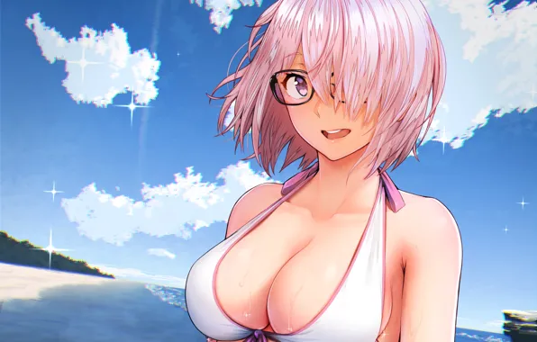 Girl, sexy, wet, cleavage, beach, pink hair, sky, sea