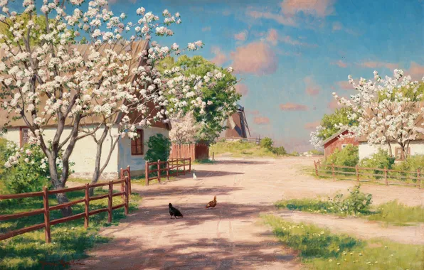 Картинка весна, сад, домики, Швеция, цветение, Pickande höns på byväg, Johan Krouthén