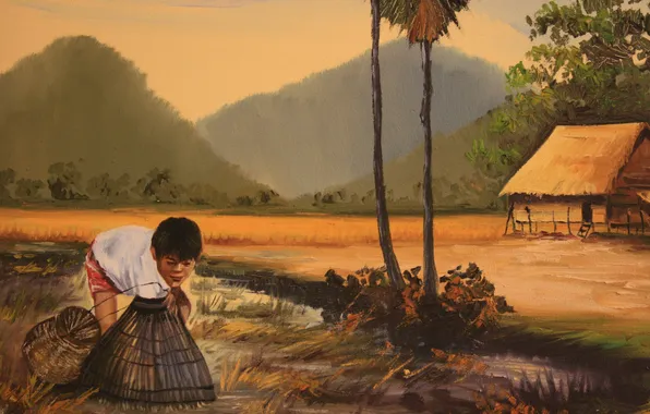Рыбалка, картина, рыбак, мальчик, живопись, КАмбоджия