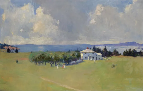 Деревья, пейзаж, дом, картина, Frank Weston Benson, Фрэнк Бенсон, Wooster Farm