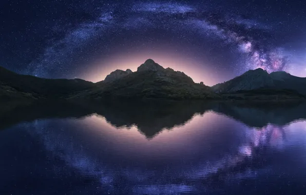 Картинка небо, вода, звезды, горы, ночь, отражение, млечный путь