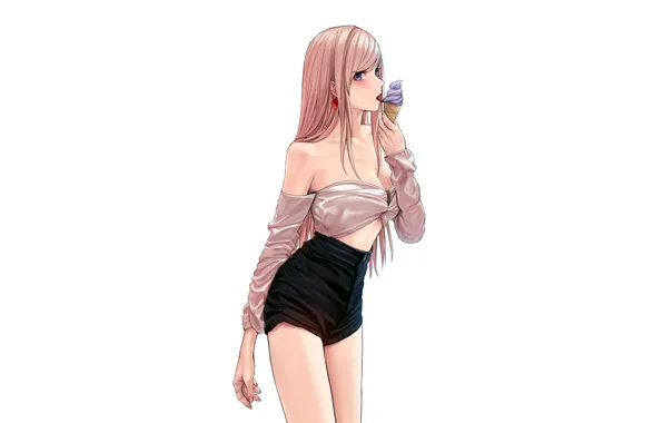 Girl, sexy, cleavage, shorts, blouse, pink hair, long hair, boobs