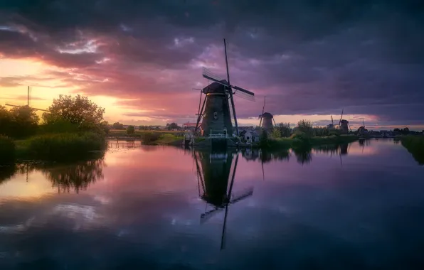Река, вечер, канал, Нидерланды, ветряные мельницы