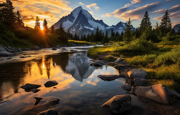 Картинка river, sky, trees, nature, sunset, water, mountains, clouds