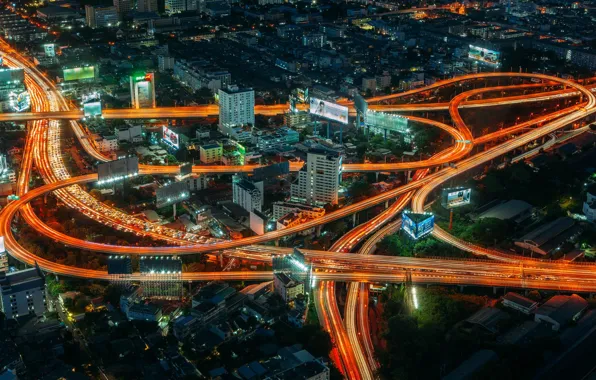 Свет, ночь, дороги, дома, Тайланд, Bangkok