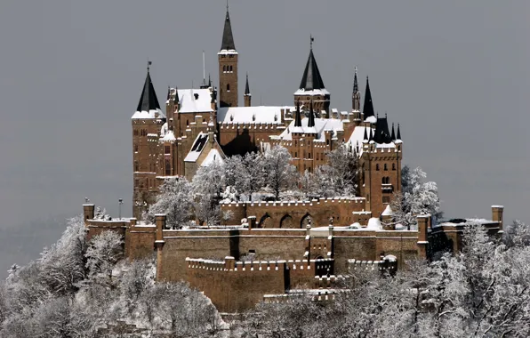 Картинка зима, иней, снег, город, замок, гора, Германия, Germany