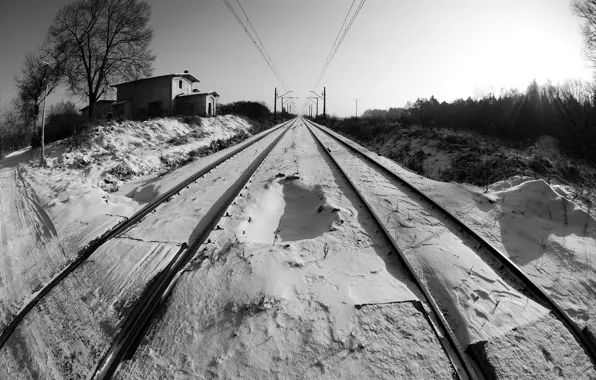 Картинка зима, снег, перспектива, черно-белая, железная дорога