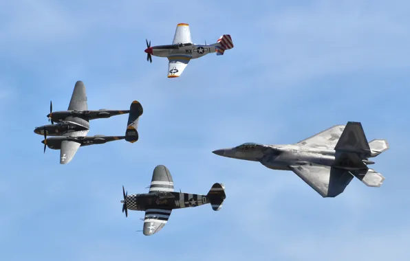 Полет, Mustang, P-51, Lightning, Thunderbolt, F-22 Raptor, P-38, P47