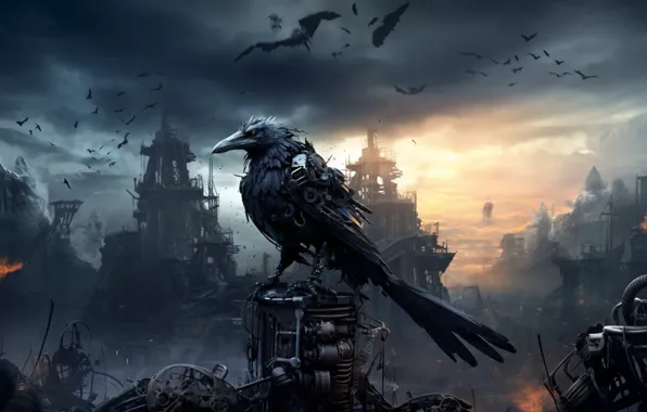 Gothic, raven, bird, фантастический арт, развалины, дым, smoke, будущее