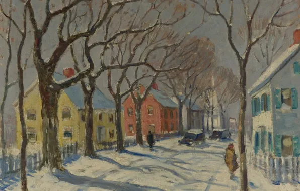 Зима, деревья, улица, дома, картина, городской пейзаж, Guy Carleton Wiggins, Гай Уиггинс