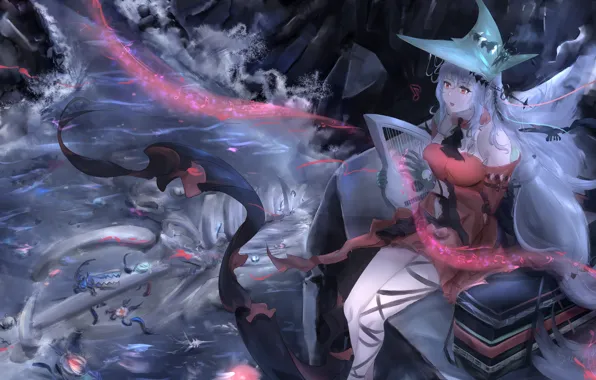 Вода, девушка, магия, Arknights, Skadi