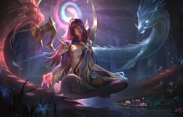 Озеро, чешуя, медитация, League of Legends, поза лотоса, Лига Легенд, Sun Goddess Karma, сияние огней