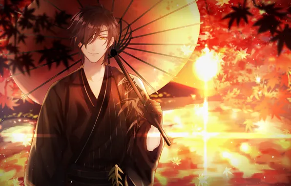 Закат, зонт, парень, Touken Ranbu, Танец Мечей