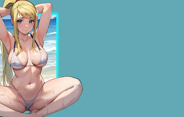 Girl, hot, sexy, wet, cleavage, sea, boobs, anime
