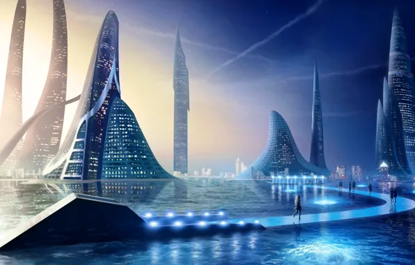 Небо, вода, city, город, огни, люди, башни, water