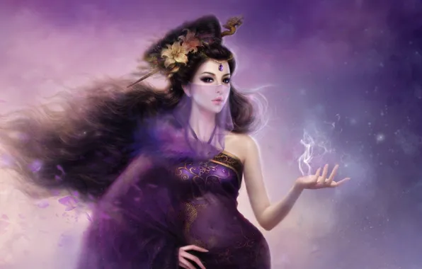 Картинка девушка, цветы, волосы, дракон, дым, лилии, арт, вуаль