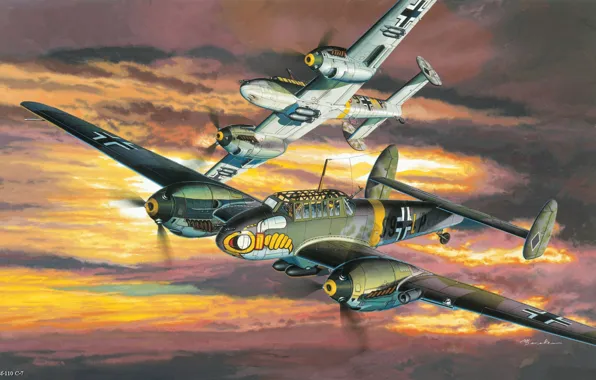 Картинка авиация, самолет, рисунок, вторая мировая война, истребитель-бомбардировщик, bf-110