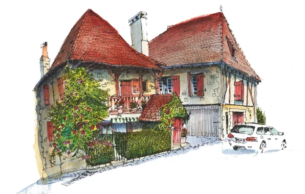 Картинка город, дом, краски, рисунок, Франция, автомобиль, Ганьяк-Сюр-Сер