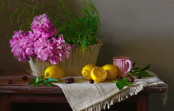 Цветы, вишня, стол, полотенце, букет, кружка, розовые, натюрморт