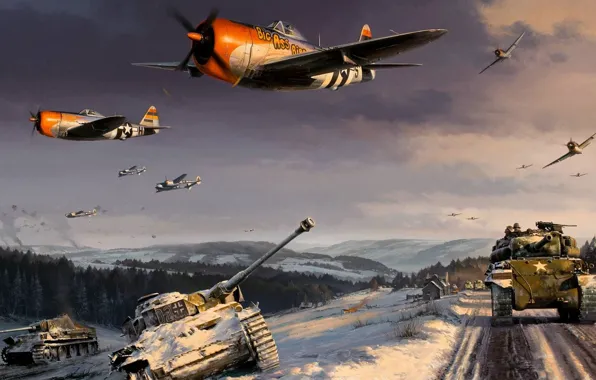 Рисунок, арт, Lightning, Thunderbolt, World War II, шерман, P38, битва за арденны