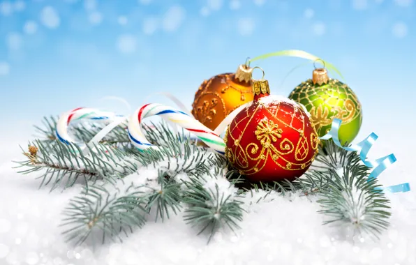 Картинка снег, украшения, иголки, шары, новый год, рождество, ветка, леденец