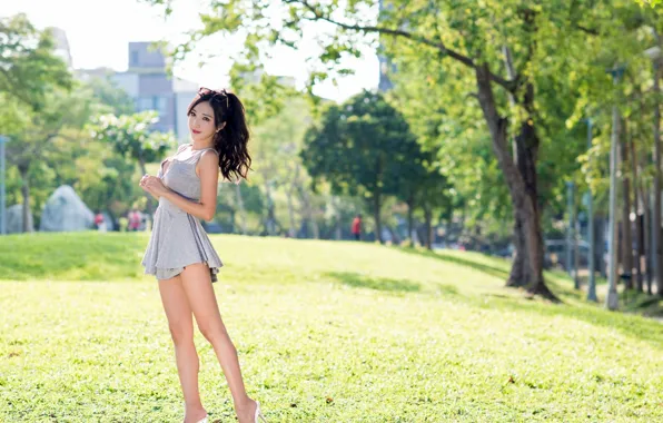 Картинка girl, grass, Asian, long hair, dress, legs, photo, park