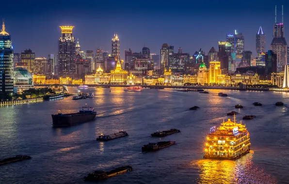 Картинка отражение, лодки, зеркало, Китай, Шанхай, судно, Река Хуанпу, Bund Center