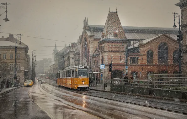 Картинка снег, здания, дома, трамвай, Hungary, Будапешт, Budapest