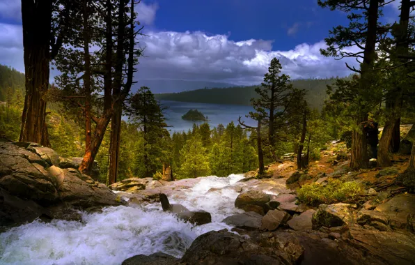Картинка деревья, пейзаж, горы, природа, озеро, камни, водопад, США