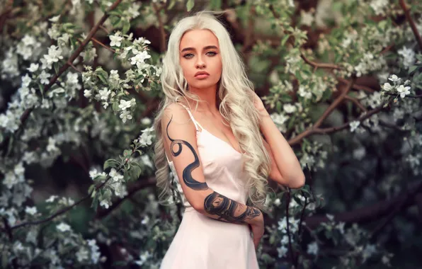 Картинка girl, long hair, dress, flowers, beauty, tattoo, blonde, posing