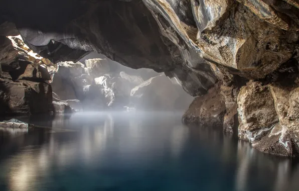 Вода, скалы, пещера, Исландия, грот
