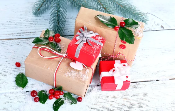 Снег, украшения, ягоды, елка, Новый Год, Рождество, подарки, happy