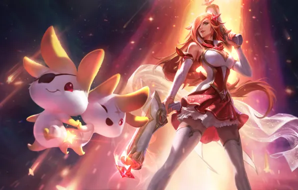 Пистолет, Чулки, Юбка, Звёзды, Арт, Splash, League of Legends, LoL