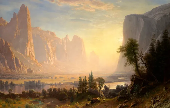 Картинка пейзаж, горы, природа, озеро, картина, Долина Йосемити, Альберт Бирштадт